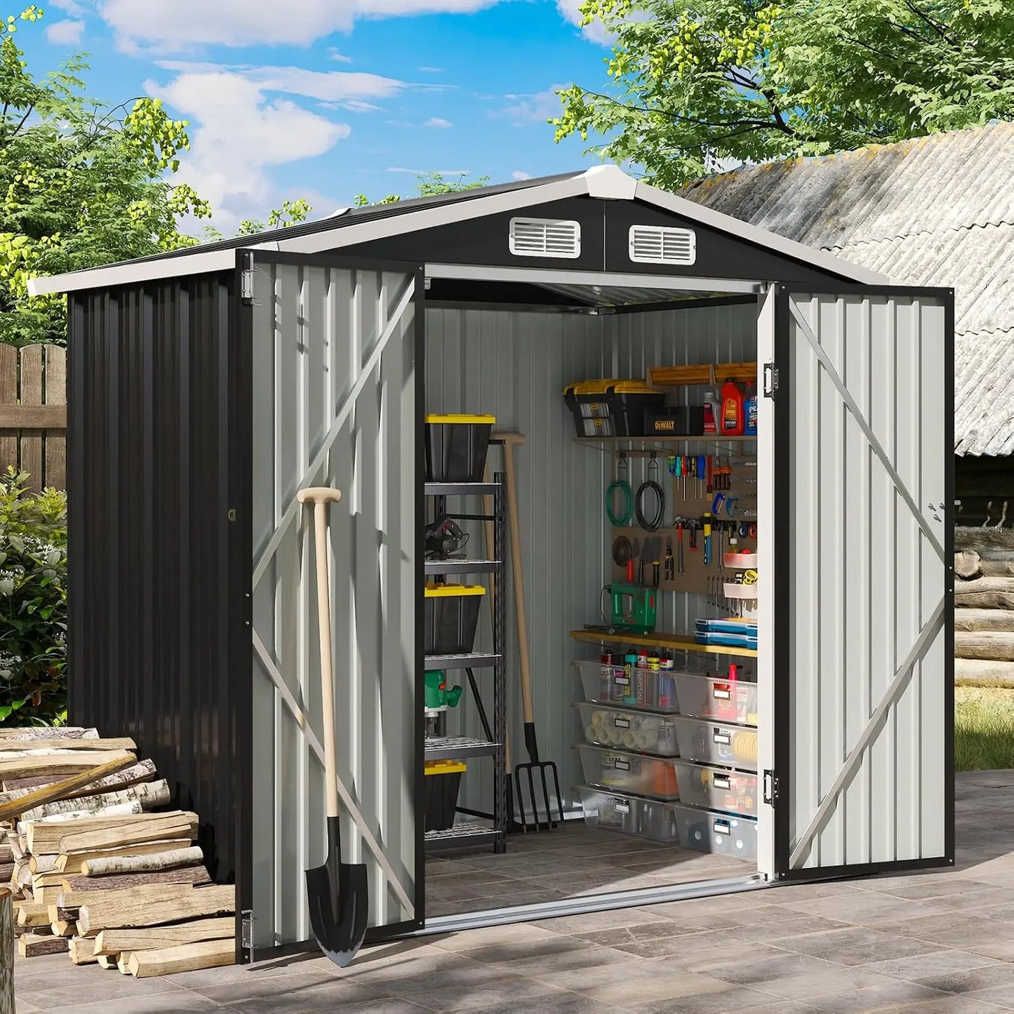 Lockable Metal Storage Shed With Sloped Roof For Backyard Patio