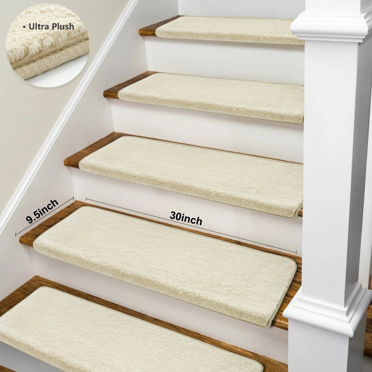 Non-Slip Bullnose Stair Treads Washable Self-Adhesive Plush Carpet Mats