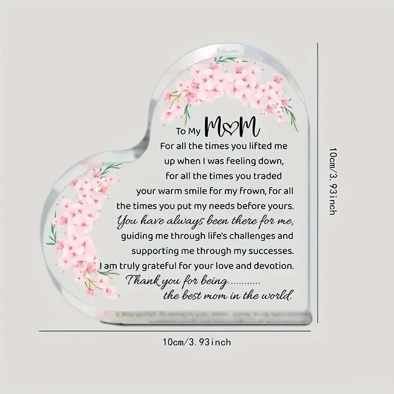 Heart Shaped Acrylic Mom Appreciation Plaque With Floral Design Gift