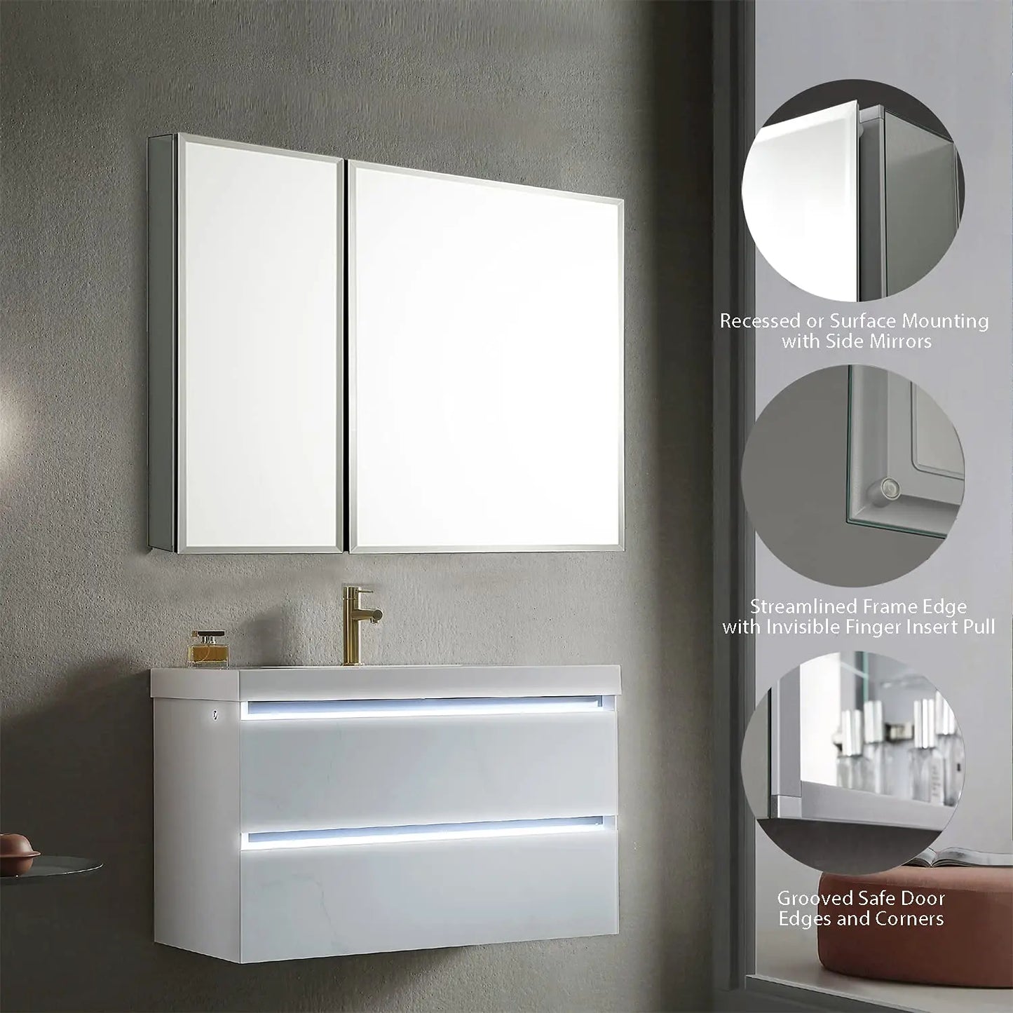 Aluminum Medicine Cabinet With Mirror For Recessed Or Surface Wall Mounted