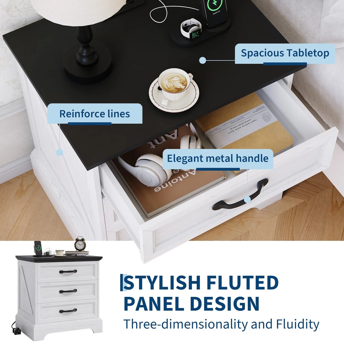 Modern Farmhouse Wood Nightstand With Charging Station And Drawers