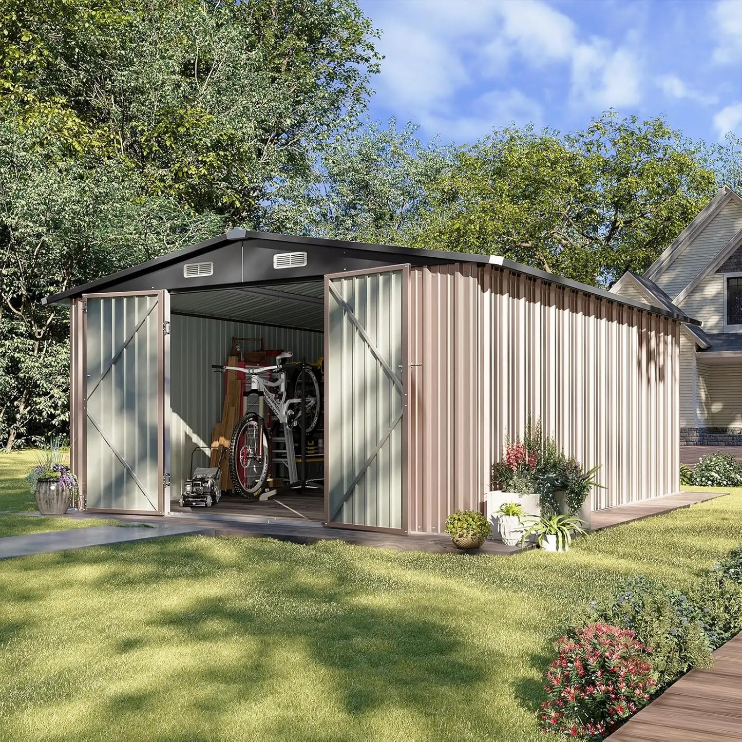 Outdoor Metal Storage Shed With Lockable Double Hinged Doors