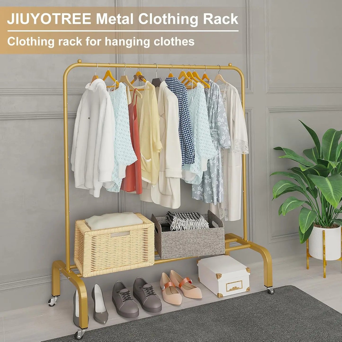 XMSJ Gold Metal Clothing Rack With Wheels And Bottom Shelf