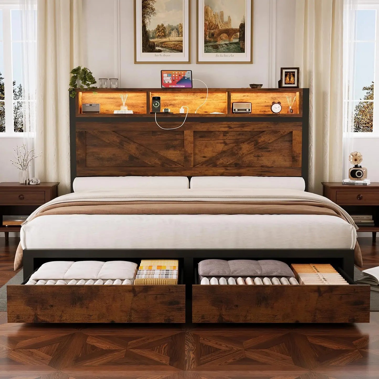 Chengwei Farmhouse Full Bed Frame With Bookcase Storage Headboard