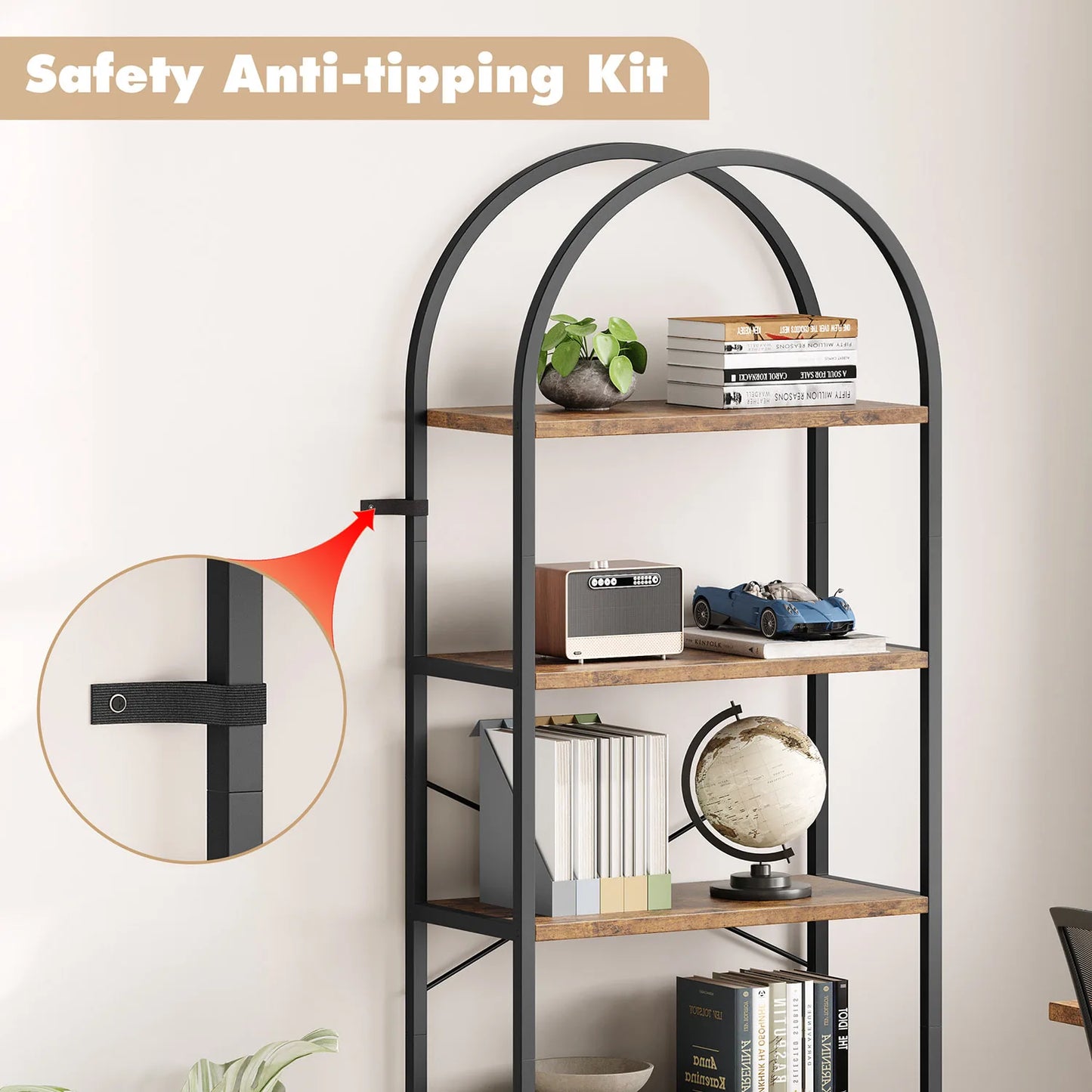 TWISTER.CK 5 Tier Arched Bookshelf Industrial Open Bookcase