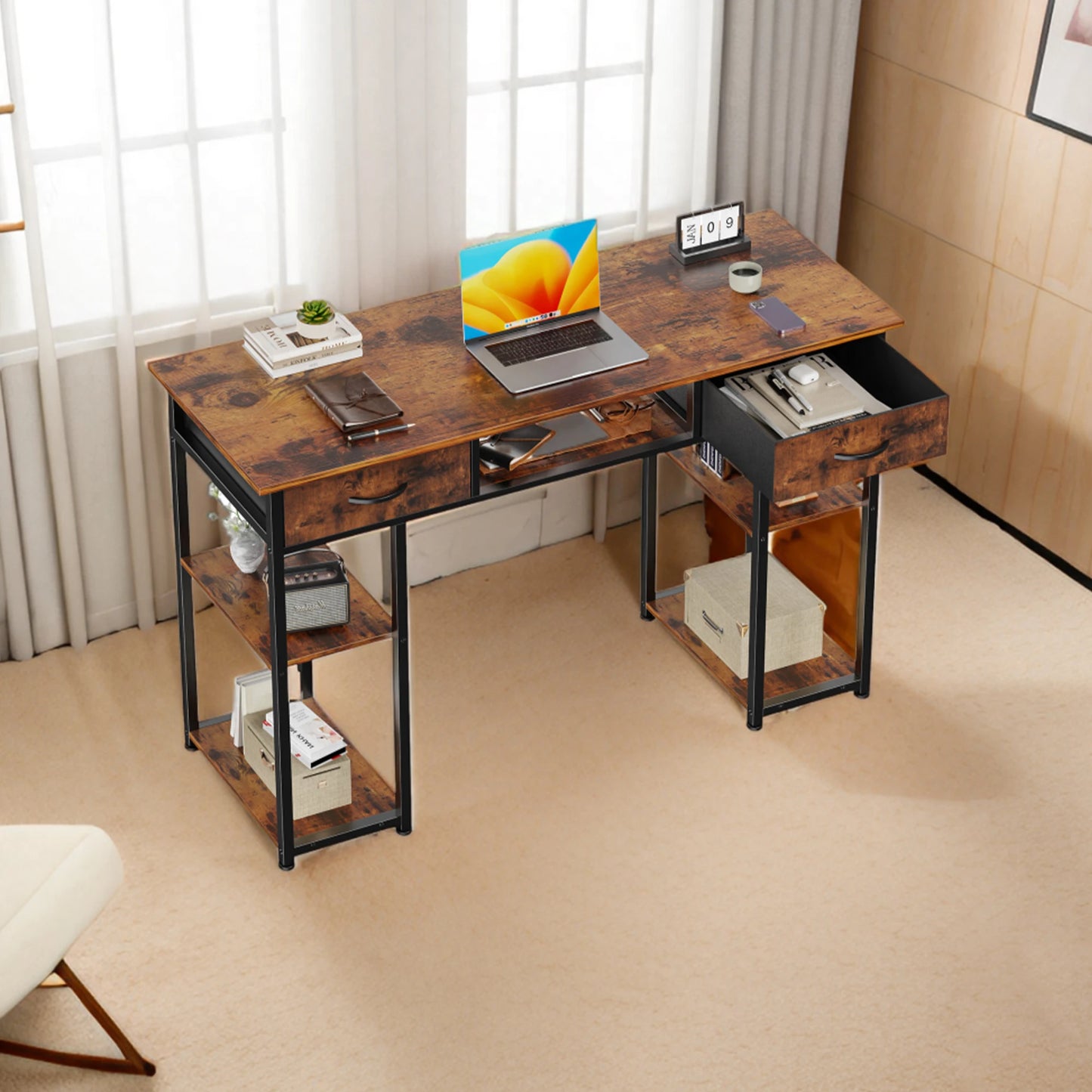 JHK Computer Gaming Desk With Metal Frame Fabric Drawers And Shelves