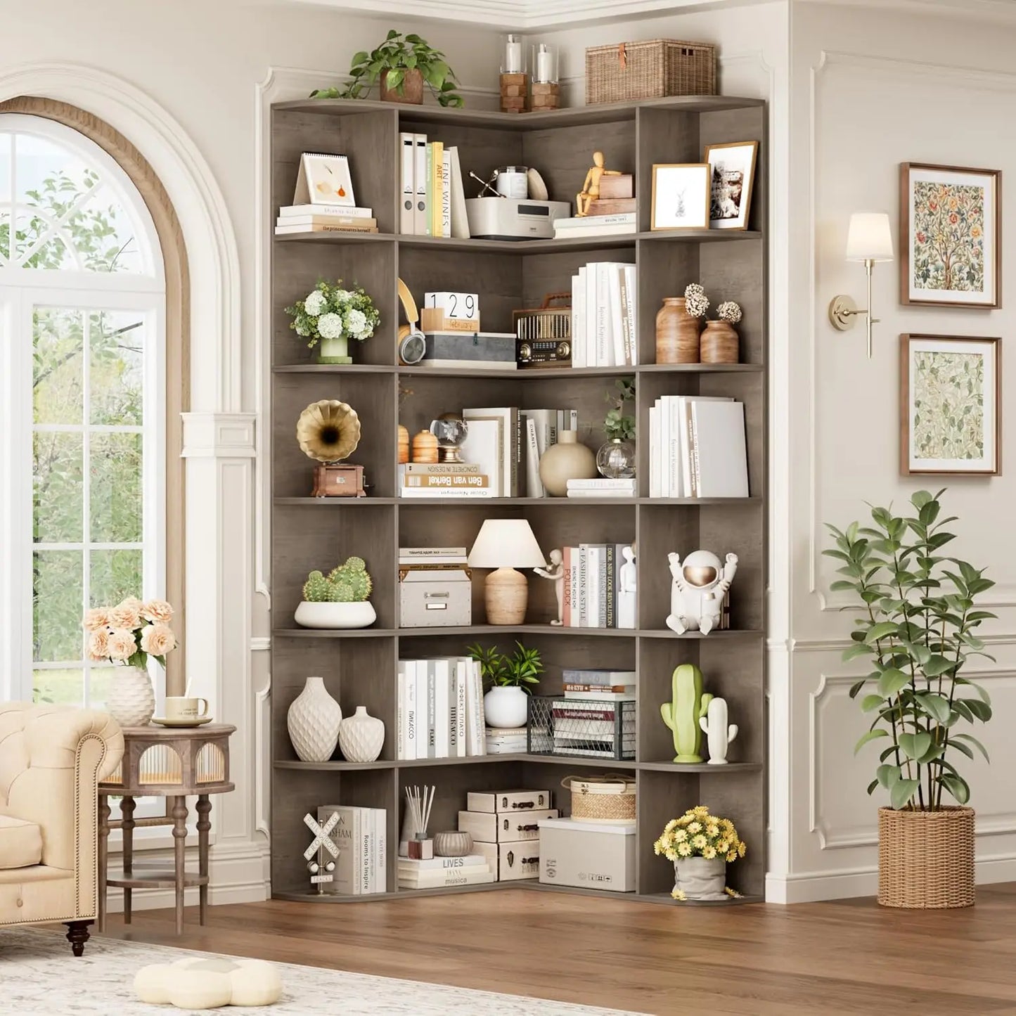 L Shaped Corner Bookshelf Six Tier Wood Bookcase Home Office