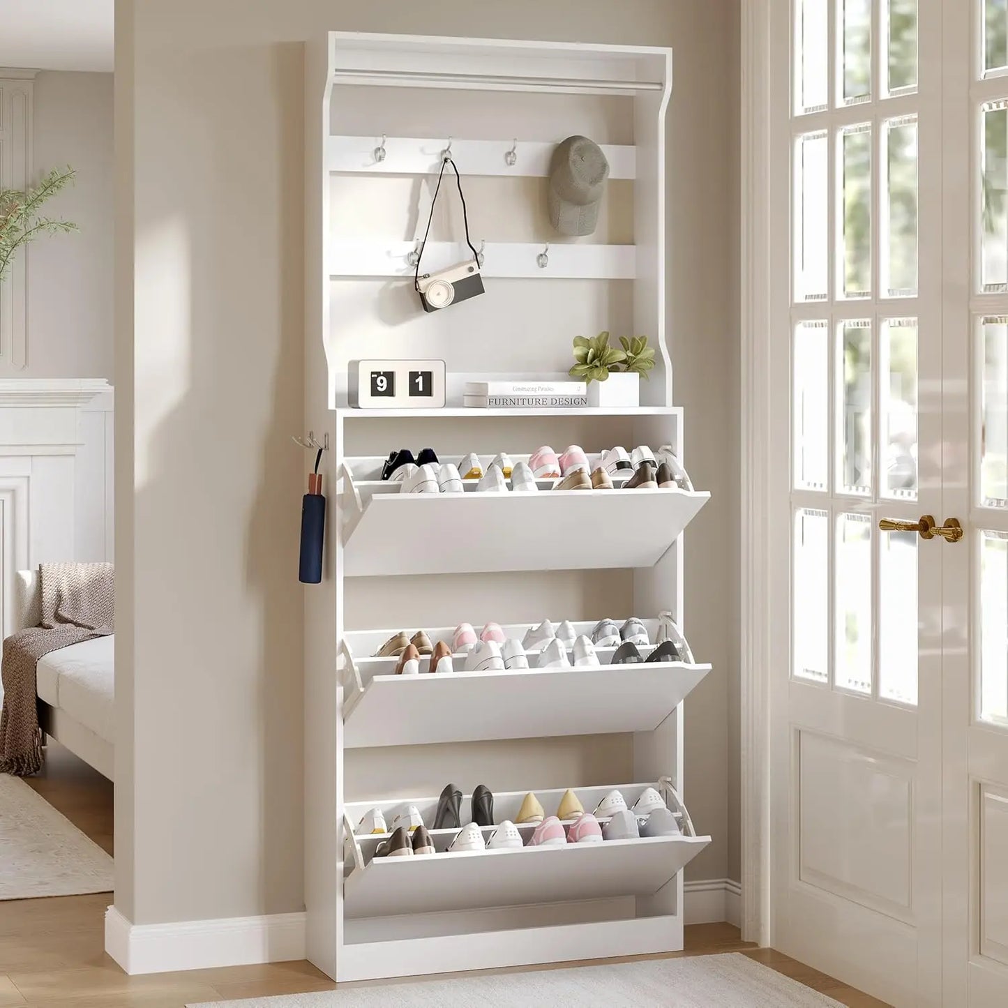 Shoe Cabinet With Coat Rack Doors Drawer Hidden Storage