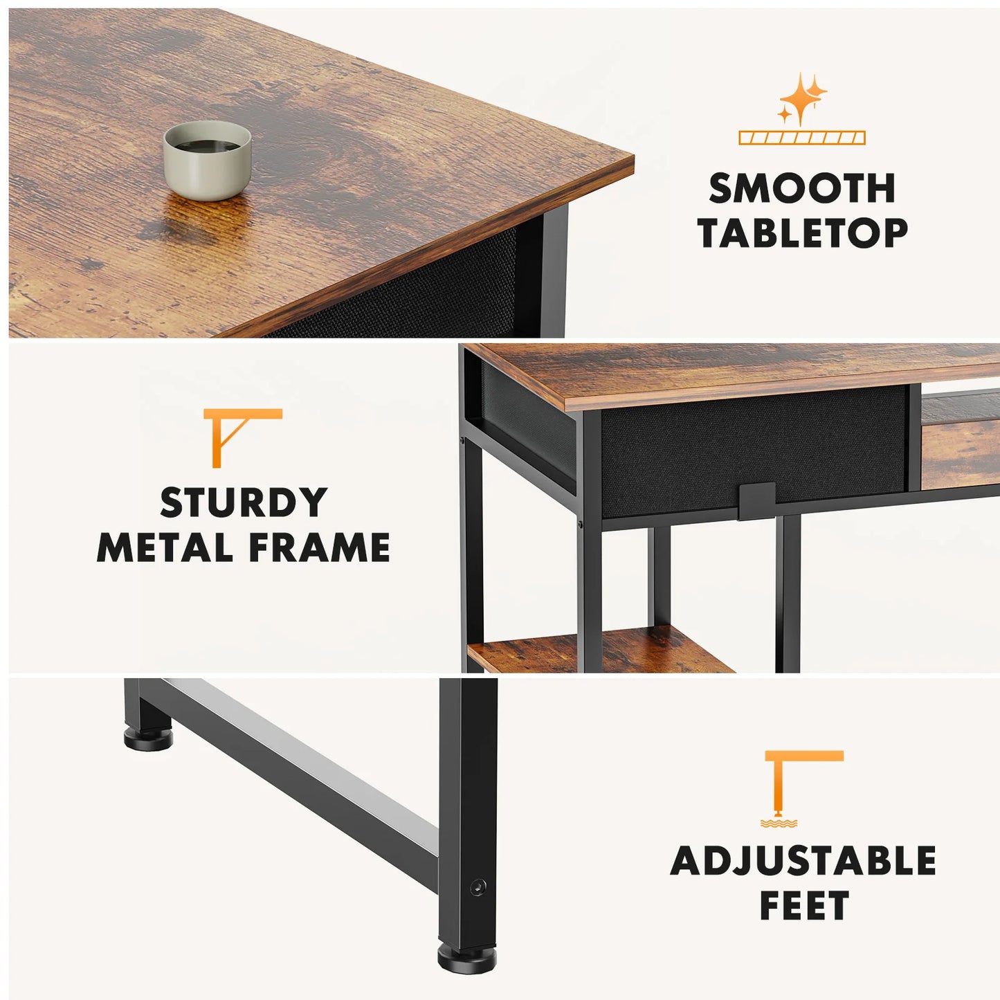 JHK Computer Gaming Desk With Metal Frame Fabric Drawers And Shelves